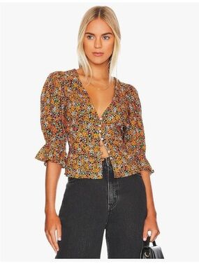 Free People Rust Multi Floral Puff Sleeve Button Blouse